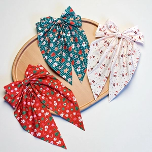 Barrette à Cheveux Grand Nœud de Noël en Tissu avec Rubans Imprimé Père Noël Bonhomme de Neige Pince à Ressort Femme