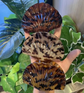 Close-up of tortoise shell pattern claw clips in brown and beige tones being held