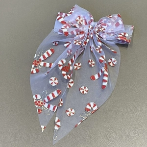 Christmas Mesh Oversized Bow Hair Clip Red White Candy Cane Peppermint Print Long Streamers Holiday Party Hair Accessories Handmade Spring Clip