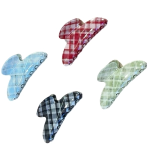 Set of four gingham plaid hair claws in red, blue, green, and black for vintage hairstyles
