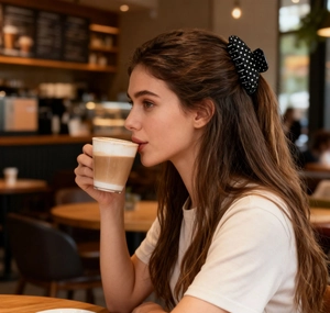 Dettaglio di un fermaglio per capelli a pois bianchi e neri indossato in un ambiente da caffè