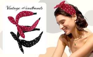 Detail view of retro polka dot bow headbands in red and black colors for women