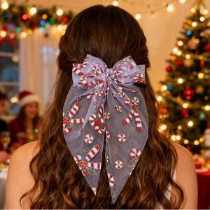 Mesh bow hair clip with Christmas candy cane patterns and light purple translucent gauze