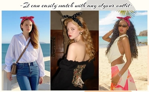 Detailed views of red and black polka dot bow headbands styled with diverse outfits