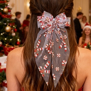 Christmas mesh bow hair clip with candy cane pattern worn on long wavy brown hair