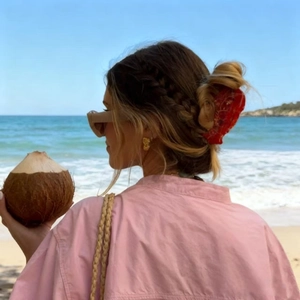 Detail of red floral lobster hair claw clip worn by a model on a sunny beach resort