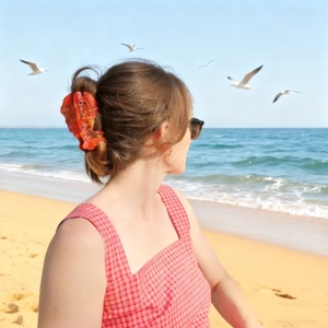 Creative lobster-shaped hair claw clip worn on hair with a beach and ocean background