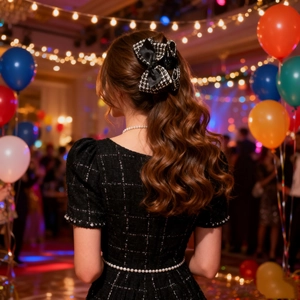 Close-up of elegant black and white tweed bow hair claw clip worn by a model in party setting
