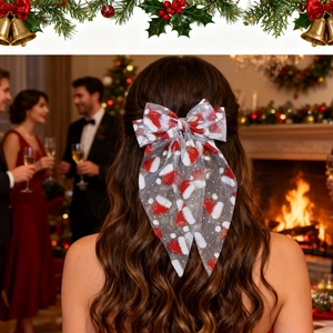 Barrette à nœud en tulle avec motif bonnet de Noël portée dans un décor festif