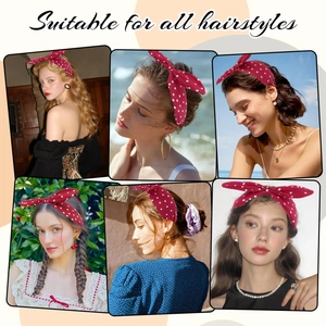 Polka dot bow headband displayed on various hairstyles for versatile styling looks