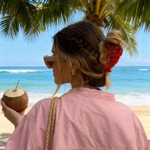 Detailed view of a red lobster hair claw clip on a model's hair with a beach background