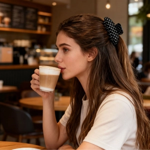 Elegante pinza per capelli a pois neri e bianchi per donna in un ambiente da caffè