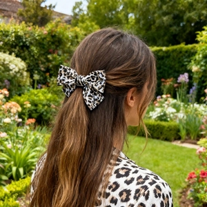 Barrette nœud élégante à imprimé léopard avec rubans portée dans un jardin ensoleillé