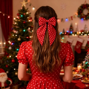Elegant red polka dot bow hair clip paired with a matching vintage puff sleeve dress