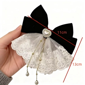 Elegant black velvet lace bow hair clip with heart pearl and golden chain pendants