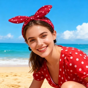 Vintage red polka dot bow headband for women in a stylish summer beach setting