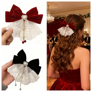 Vintage Lace Bow Hair Clip Elegant Velvet Hairpin With Heart Artificial Pearl Pendant Christmas Party Hair Accessories For Women Girls