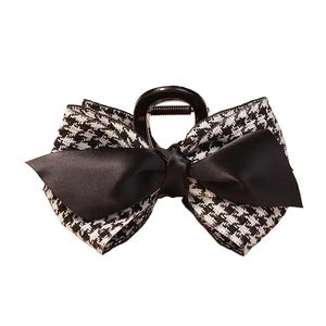 Elegant houndstooth and black satin bow hair claw clip for women stylish hair accessory
