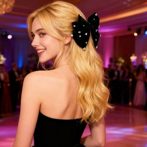 Elegante fermaglio per capelli a fiocco in velluto nero con strass per acconciature
