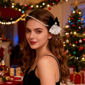 Exquisite pearl lace bow hair clip with heart pendant for Christmas hair accessory