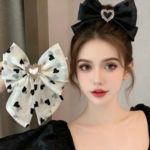 Elegant Audrey Style Mesh Bow Hair Clip Heart Rhinestone Spring Clip Romantic Sweet Hair Accessory For Wedding Party Women
