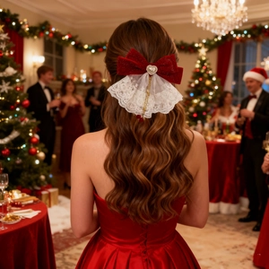 Elegant red velvet Christmas bow hair clip with white lace trim and heart-shaped crystal
