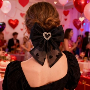 Elegant black mesh bow hair clip with heart rhinestone accent on a model's ponytail