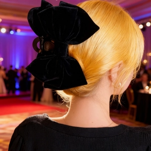 Elegant large black velvet double-layer bow hair claw clip for formal hairstyle styling