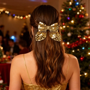 Fermaglio per capelli con fiocco di paillettes dorate lucide per bambine effetto specchio
