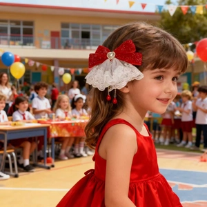 Elegant red lace bow hair clip with heart pearl and tassel on a young girl model