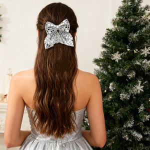 Fermaglio per capelli con fiocco di paillettes argento per bambini effetto glitter