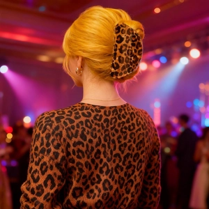 Detail of elegant leopard print hair claw clip worn on a blonde updo hairstyle