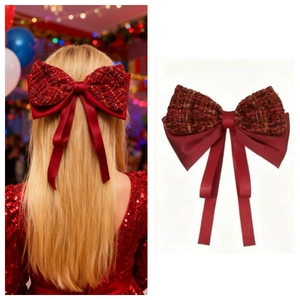 Barrette à nœud élégante en tweed et satin rouge avec rubans pour les fêtes et soirées