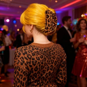 Detailed view of semi-circle leopard print hair claw clip with matching knit sweater