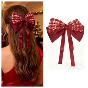 Élégante Grande Pince à Cheveux Nœud Rouge Avec Long Ruban en Satin Texture Tweed Accessoire Cheveux pour Fête de Noël Saint-Valentin Femme