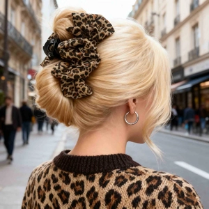 13cm leopard print scrunchie for women styled in a chic bun with autumn vibes