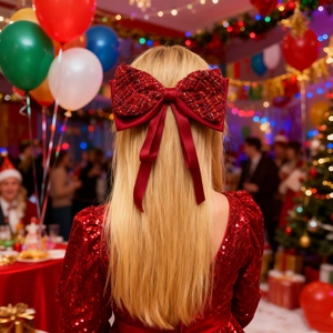 Élégant grand nœud rouge en tweed avec rubans de soie pour coiffure de fête