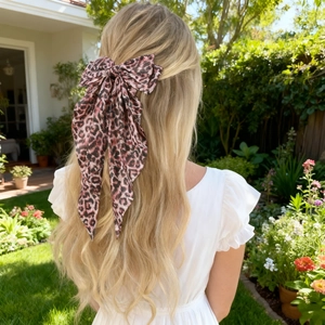 Detail of elegant large leopard print bow hair clip with long ribbons on a model in sunlight