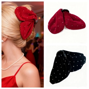 Large Velvet Bow Hair Claw Starry Rhinestone Oversized Shark Clip Elegant Wedding Party Hair Accessories For Women