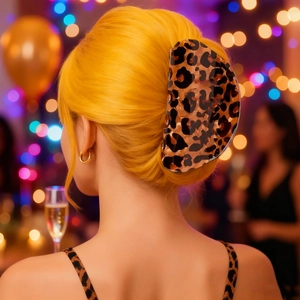 Close-up of a large leopard print hair claw clip worn on blonde hair in a party setting