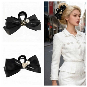 Elegant Large Bow Hair Claw Clip Satin Ribbon Camellia Flower Faux Artificial Pearl Shark Clip French Vintage Hair Accessories For Women