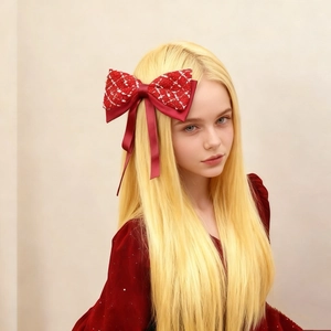 Barrette à cheveux élégante en tweed rouge avec de longs rubans en soie pour les fêtes