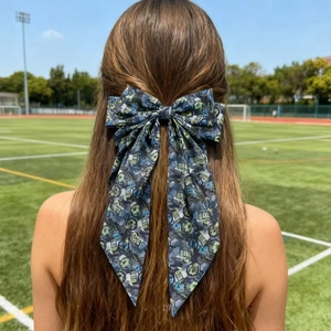 Détail du nœud à cheveux bleu thème football avec imprimé GOAL sur un terrain de sport