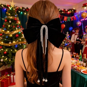 Barrette à cheveux élégante en velours noir avec glands en strass et perles de Noël