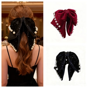 Vintage Large Velvet Bow Hair Claw With Artificial Pearls And Sequins Elegant Christmas Party Hair Accessories For Women