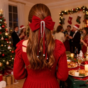 Détail d'un nœud à cheveux en velours rouge avec glands en strass et perles sur un modèle