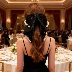 Large black velvet bow hair claw with pearls and silver sequins on a model's hairstyle