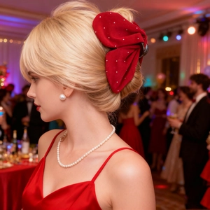 Elegant red velvet bow hair claw with sparkling crystals on blonde hair for party style