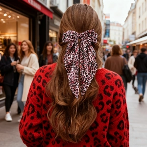 Elegant large leopard print bow hair clip with long ribbons styled in half-up hair