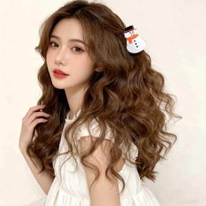 Cute snowman shark hair claw clip for Christmas party hairstyles on female model